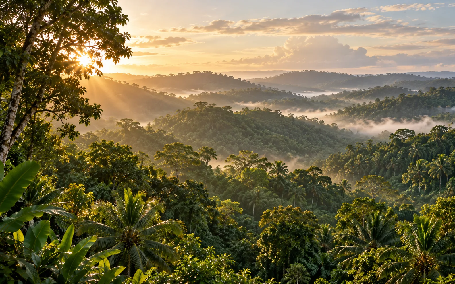 Misty tropical forested hills at sunrise