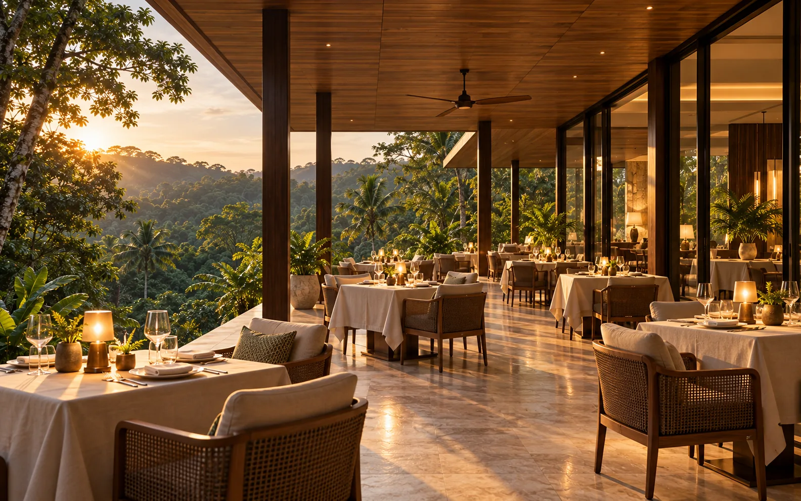 Forest-facing restaurant with warmly lit tables