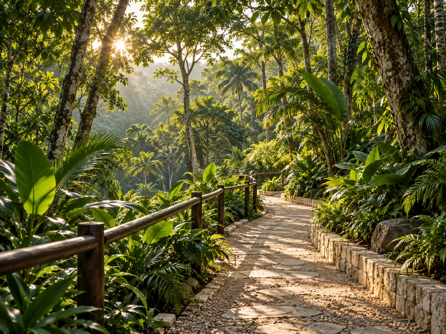 Winding forest path with timber railings