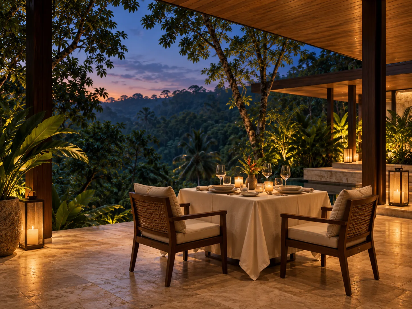 Candlelit private dining table above the forest