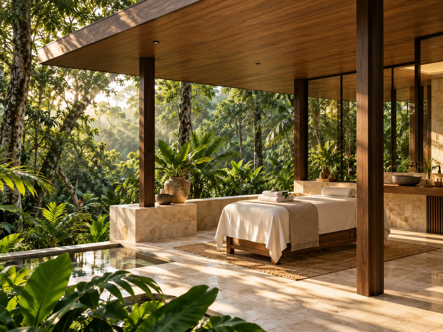 Open-air wellness pavilion in the forest