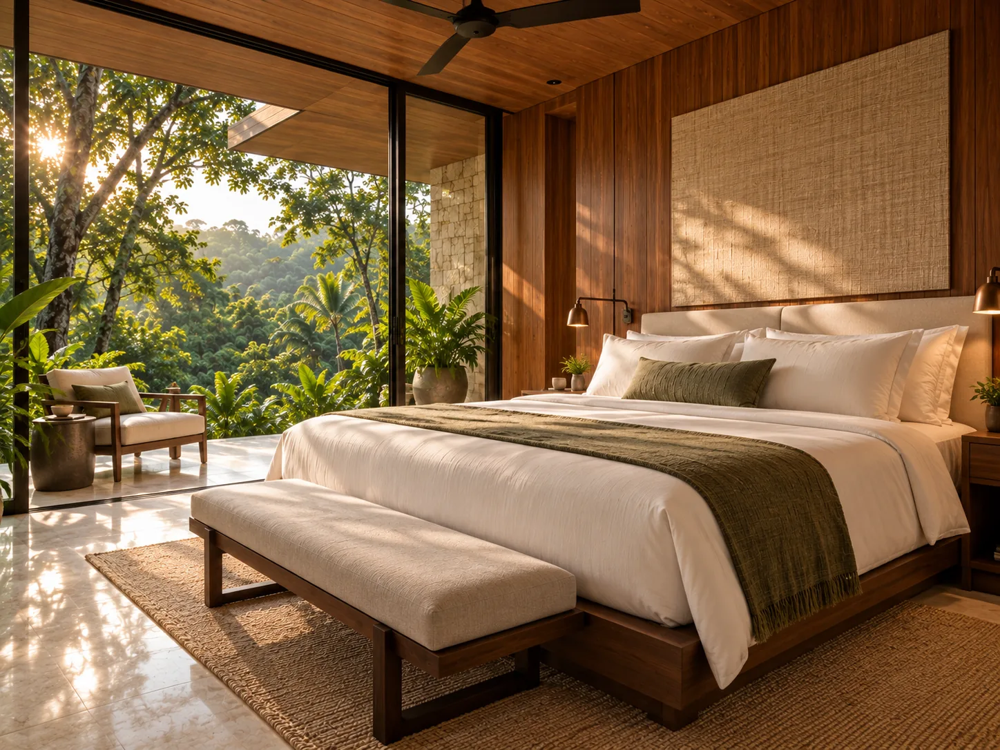 Sunlit bedroom with a forest view