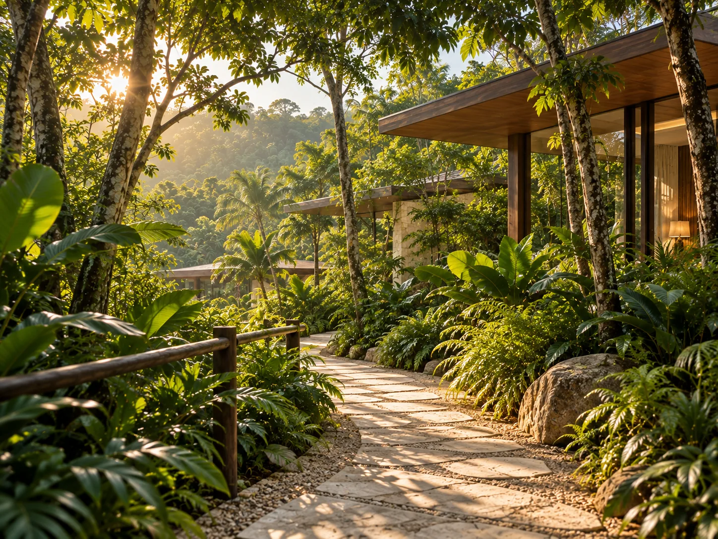 Landscaped path between forest villas