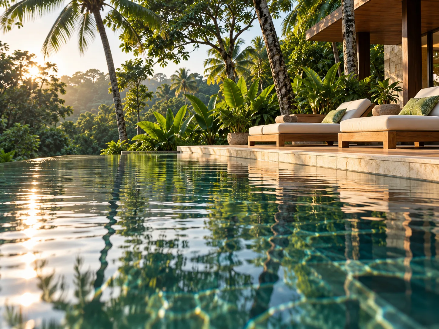 Loungers beside the resort pool