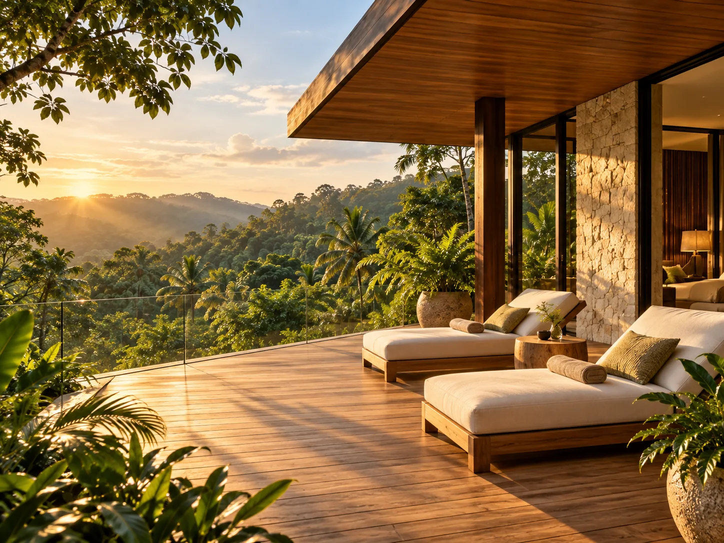 Private timber terrace overlooking forested hills