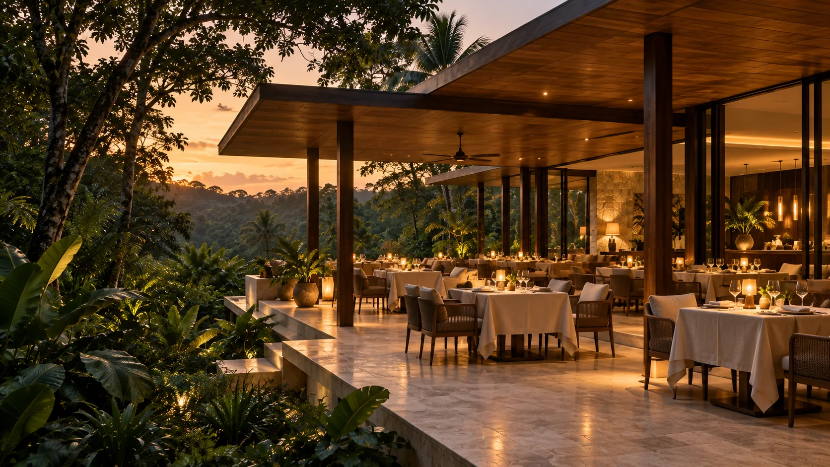 Open-air forest restaurant at dusk