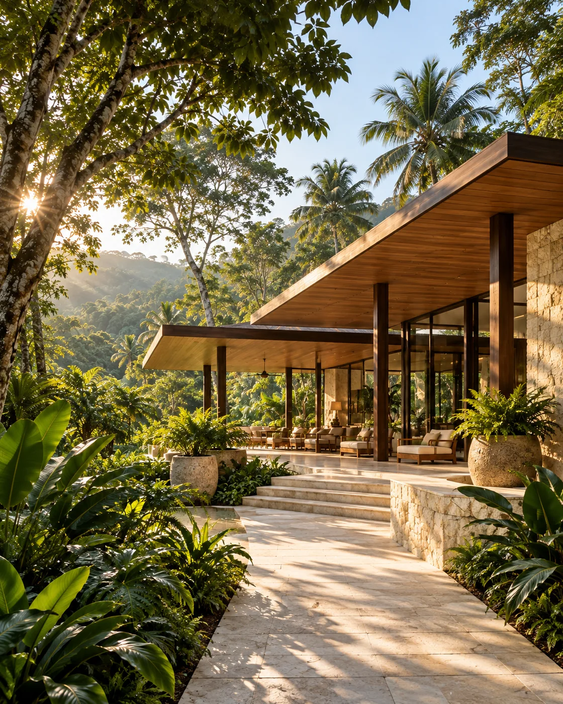 Timber and stone lodge pavilion among tropical trees