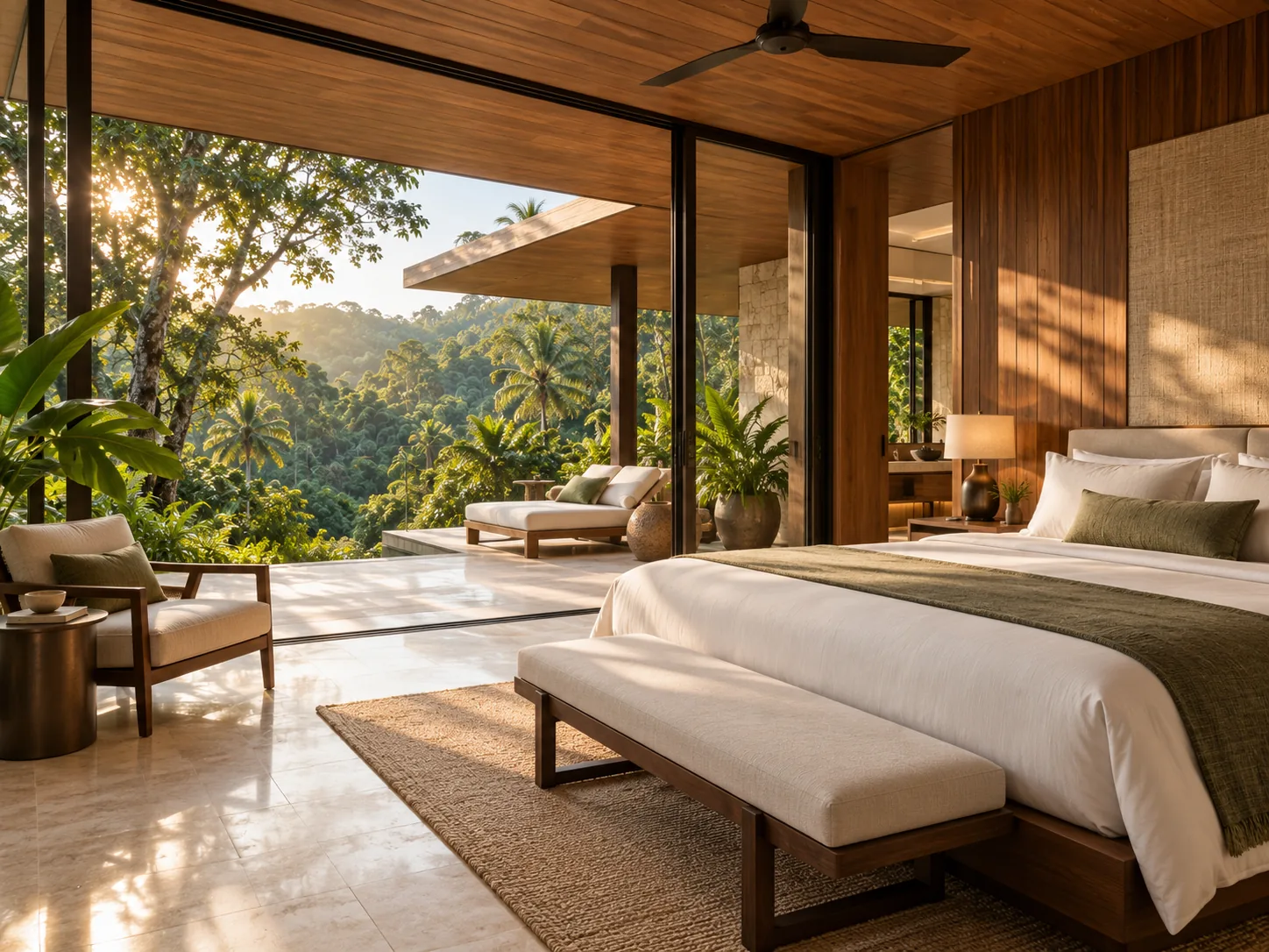 Canopy Suite bedroom opening onto a forest terrace