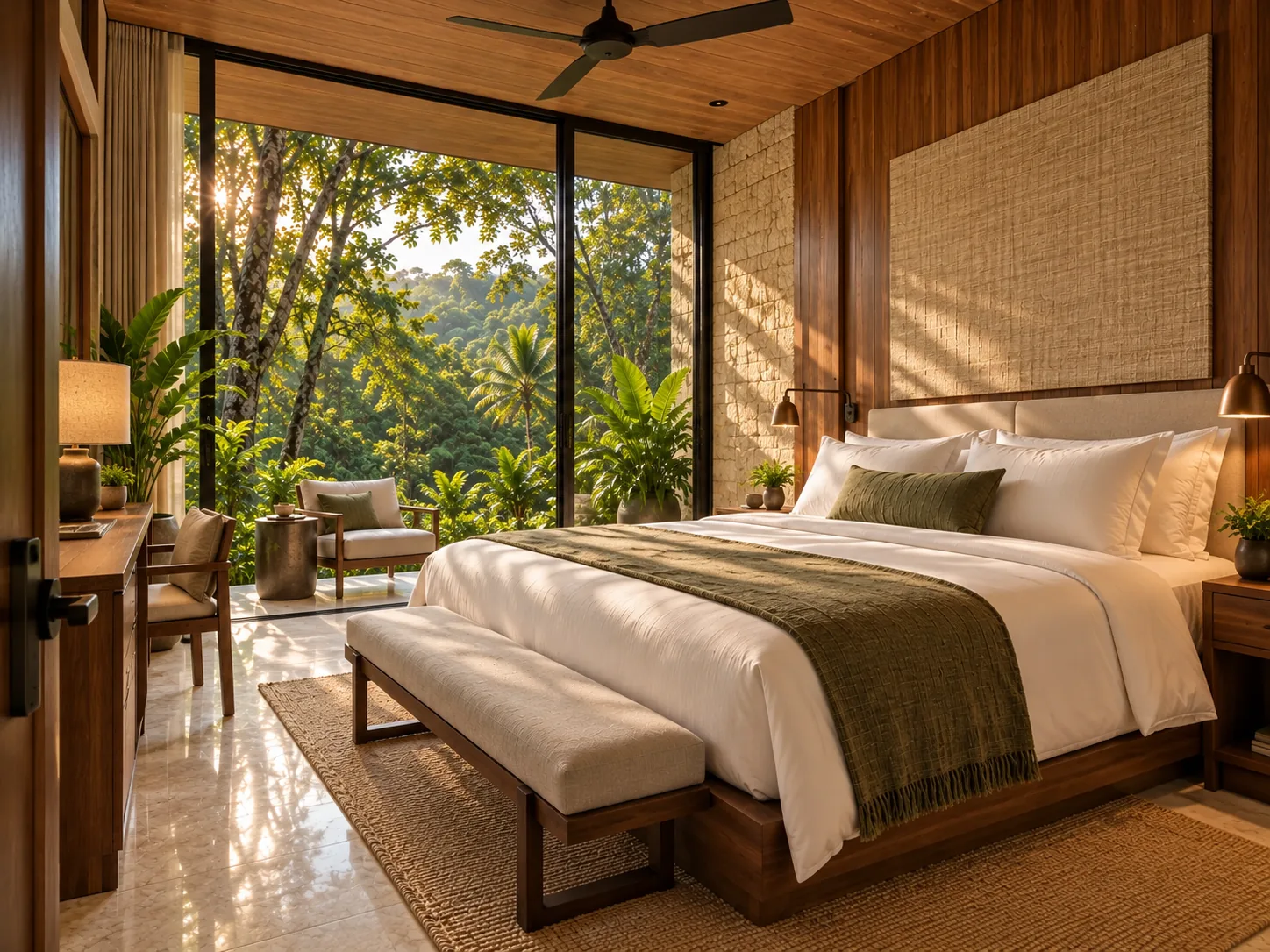 Deluxe Forest Room with a king bed and floor-to-ceiling forest view